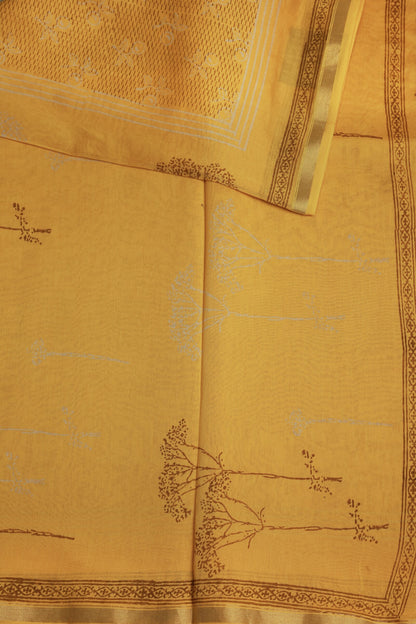 Yellow Chanderi Handblock Print Saree With Zari Border, design view 3